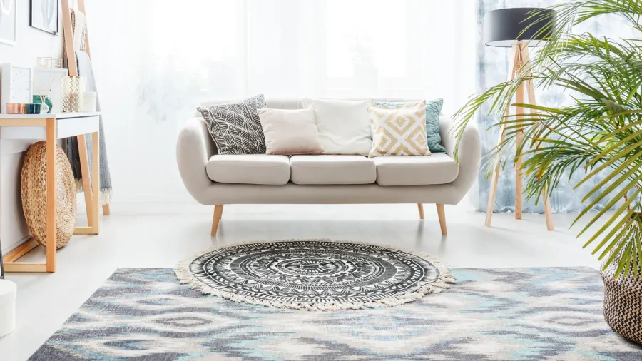 A living room interior with sofa with throw pillows, houseplant, floor lamp, console table with decor accents, and layered patterned rugs.