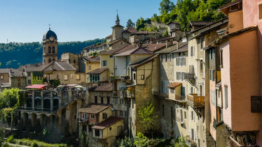 rural landscape with a view on the town of pont