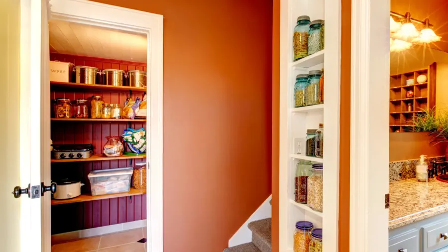 A hallway interior with open hallway closet door displaying appliances and jars.