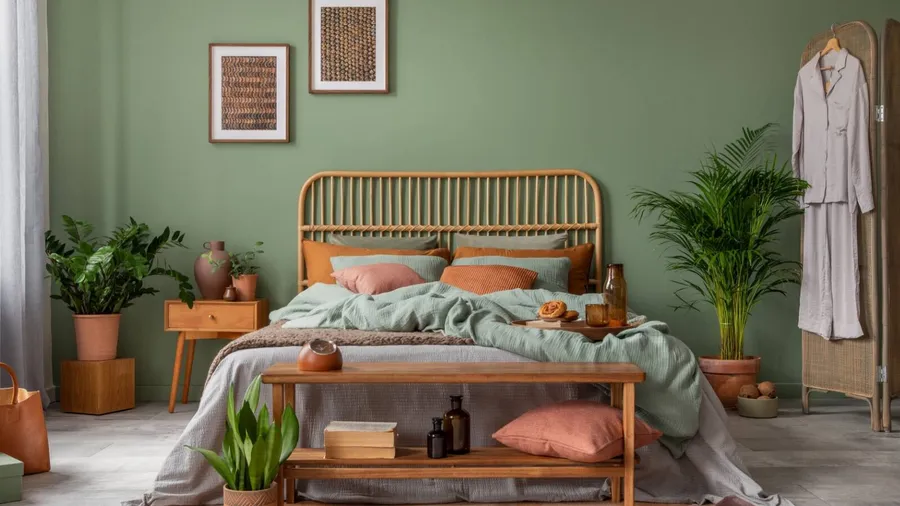A bedroom interior with wooden bed, bench, nightstand, plants, and framed artwork on a sage green wall.