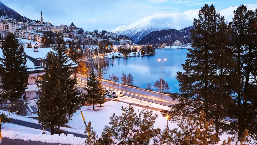 saint moritz town in winter season at sunset switzerland beauties
