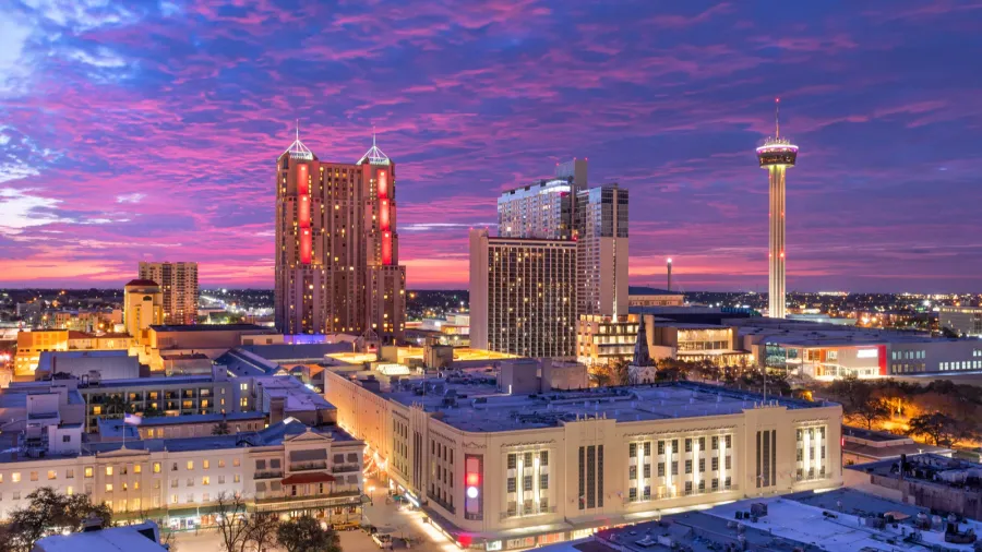 san antonio texas usa skyline at dusk from above