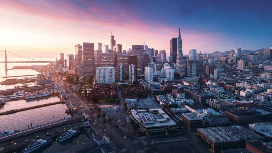san francisco panorama at sunrise with waterfront and downtown california