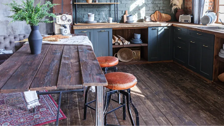 scandinavian classic minimalistic dark gray kitchen with wooden details stylish