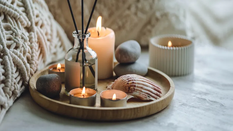 An essential oil reed diffuser and candles on a bamboo tray placed on a bed.