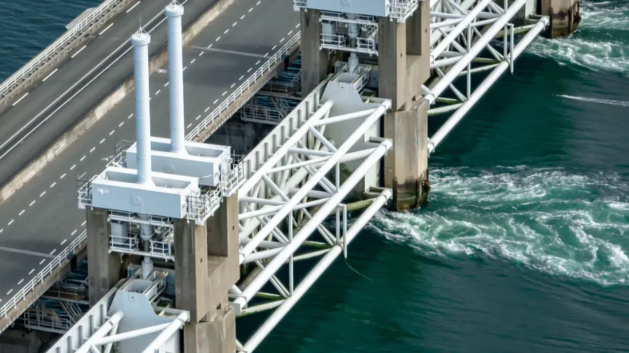 sea water rushing through a storm surge barrier