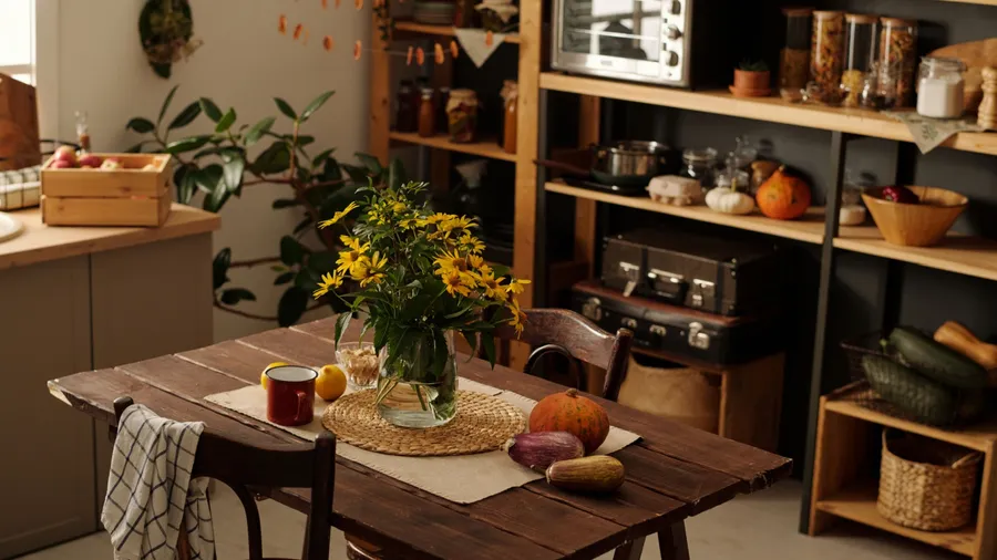 A kitchen interior with a small rustic dining table with chairs, and shelves with jars, baskets, vegetables, and toaster oven.