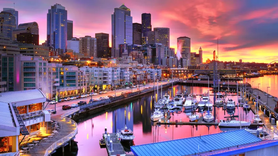 seattle skyline and waterfront in sunrise