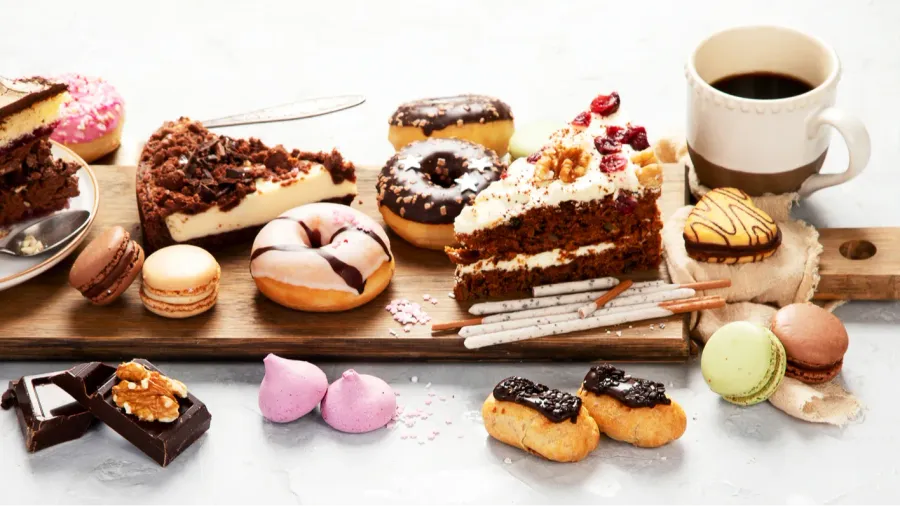 A variety of desserts, including cakes, donuts, and chocolates, arranged on a wooden board with a cup of coffee.