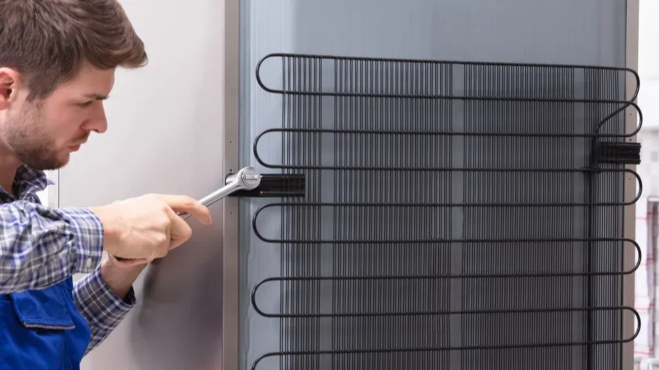 serviceman in overall working on fridge with wrench in kitchen