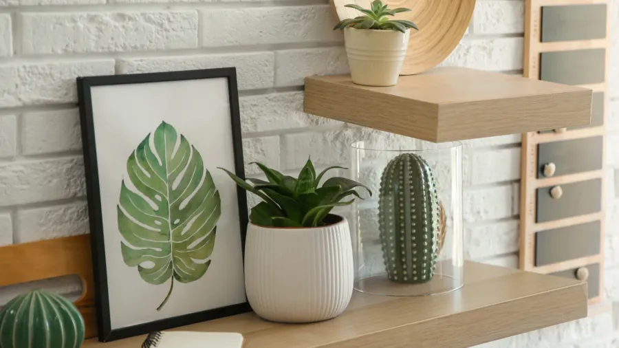 shelves with decorative elements on white brick wall interior design