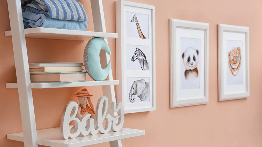 Shelves with toys and pictures of animals on wall in baby room