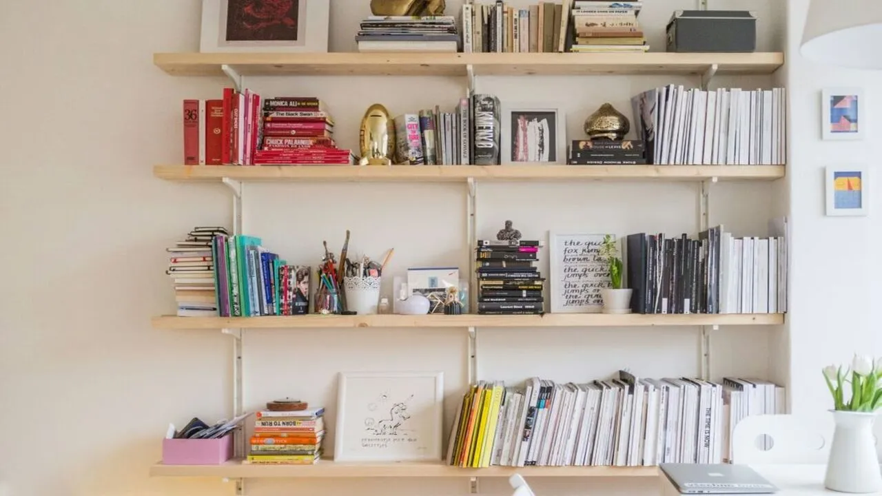Wall-mounted shelves offer space-saving storage solutions.