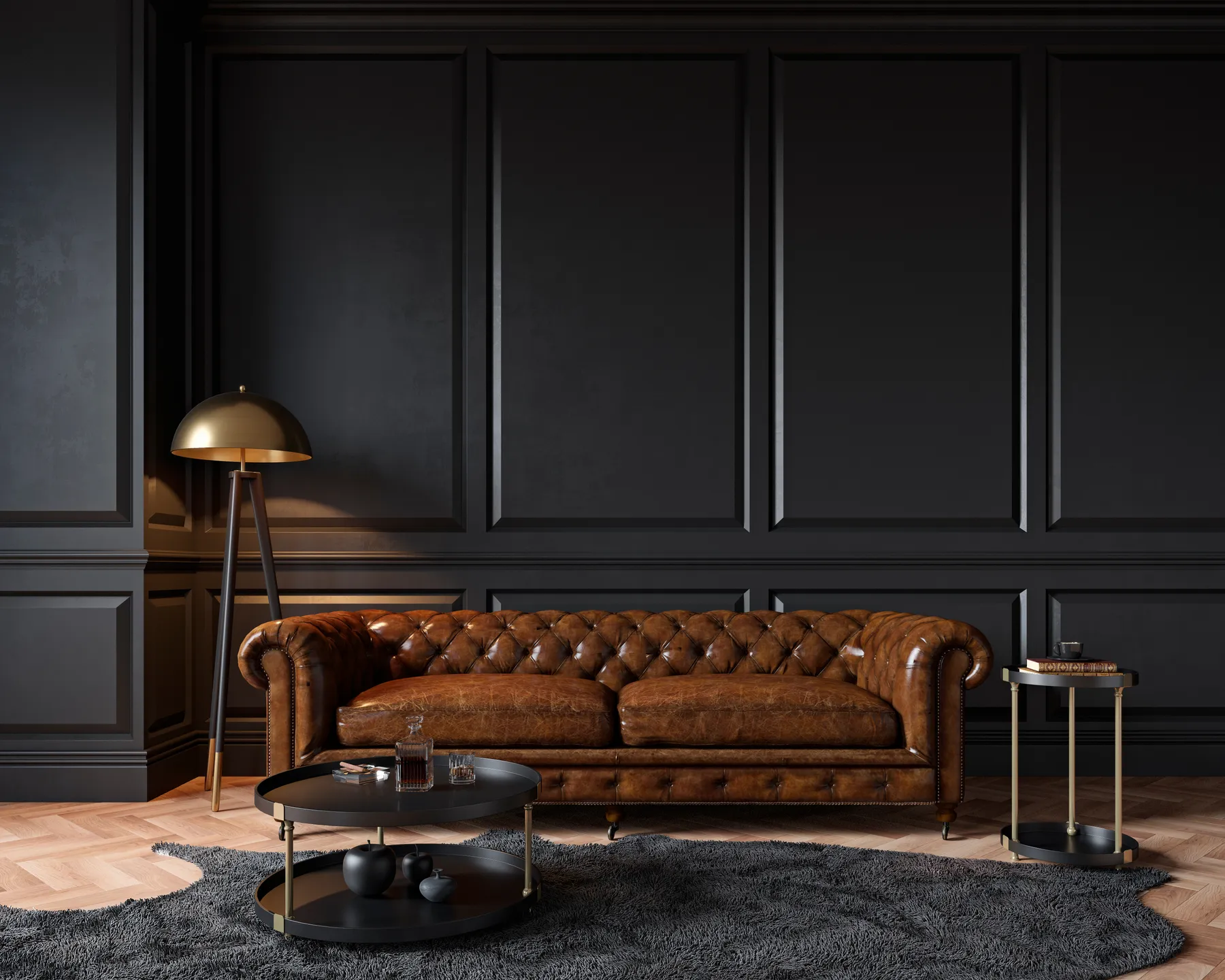 Stylish living room with a black leather sofa, modern side tables, and beige curtains.