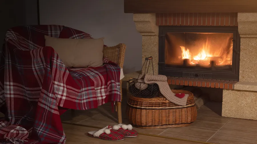 A cozy living room with a burning fireplace, a rattan arm chair with a plaid blanket and a pillow, and a basket on the floor.