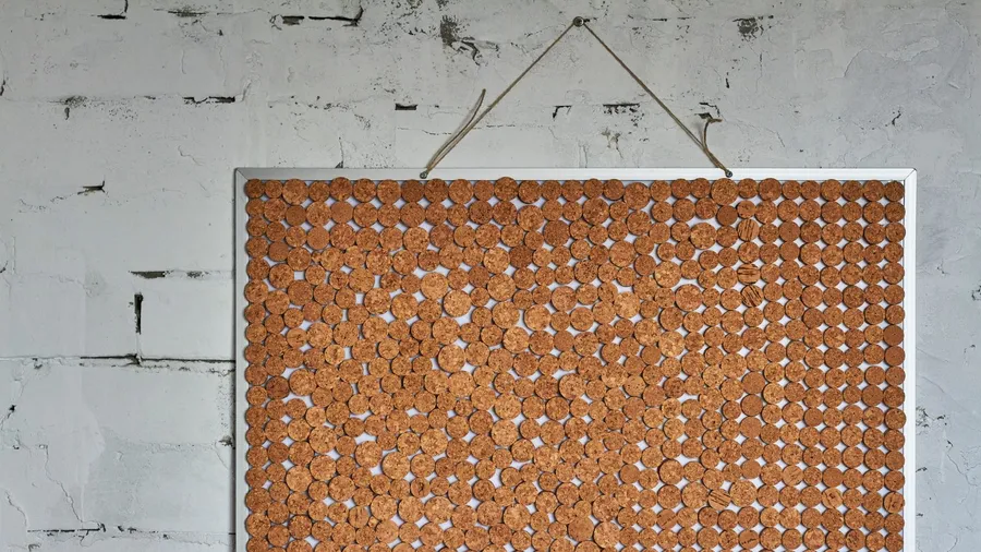 Homemade chopped wine cork note board on brick wall.