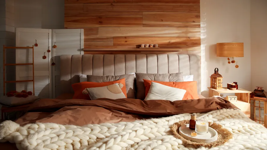 A cozy bed with a knitted throw blanket, pillows, and a tray with candles and essential oil.