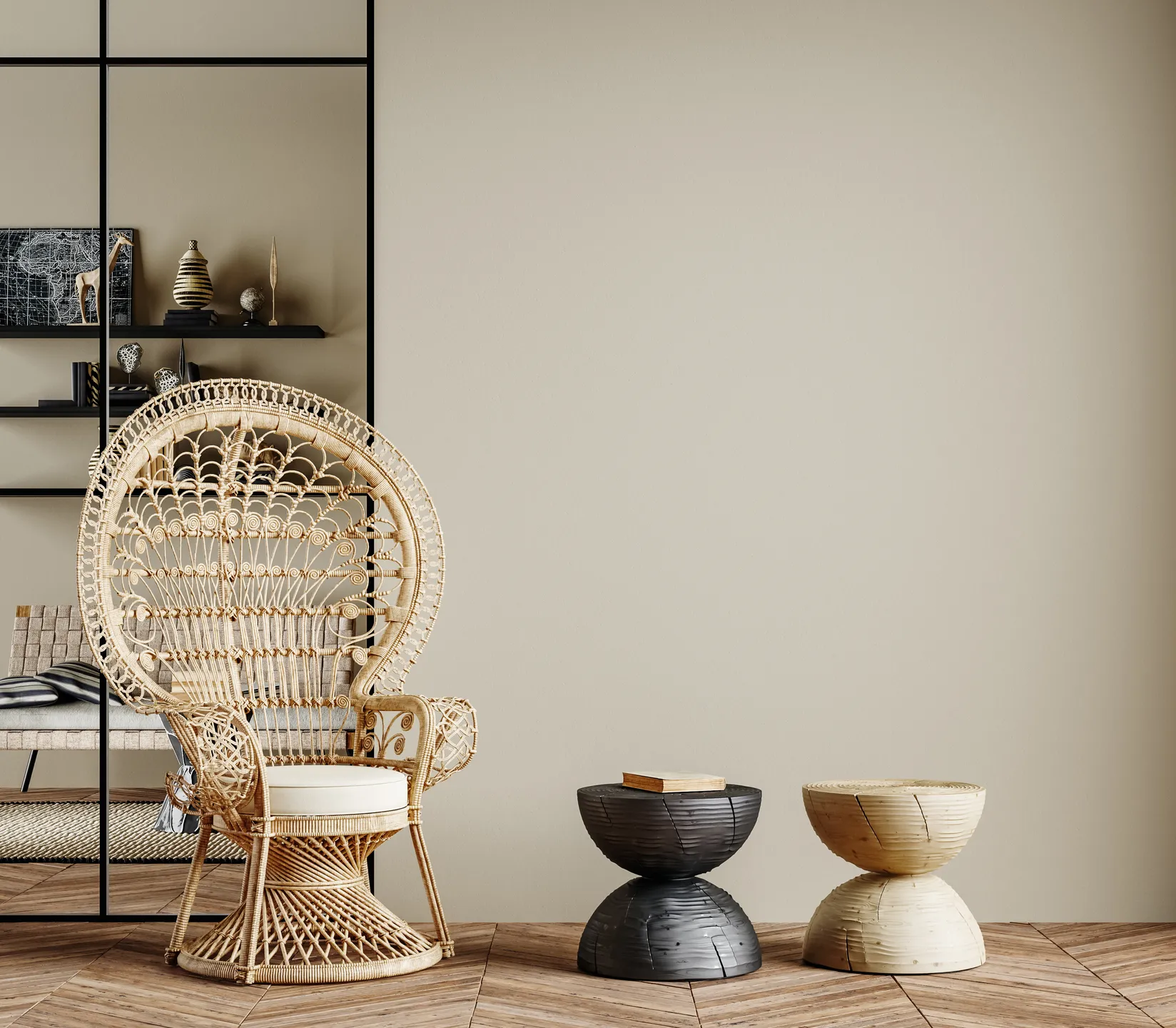 Boho-style room with wicker chairs, neutral tones, and minimal decor.