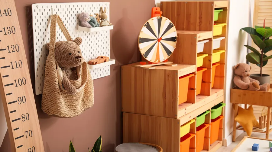 Aplayroom interior with toys, wooden shelf with storage baskets, and pegboard on the wall.