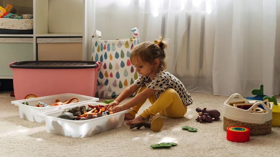 A little child putting toys in a clear basket.