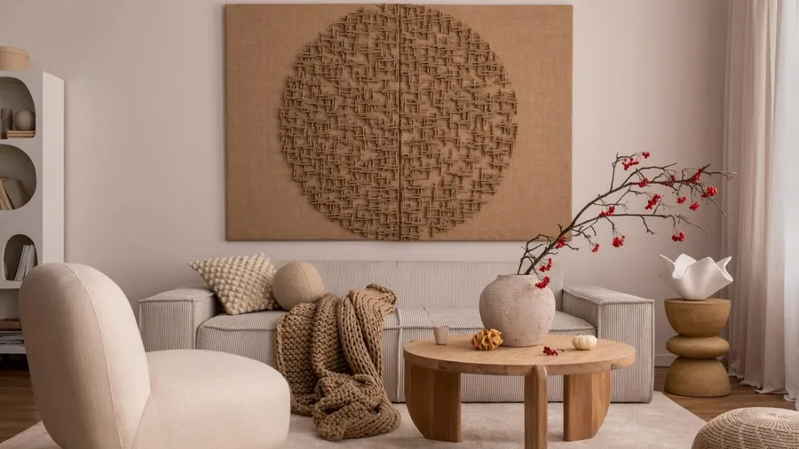 Living room interior with mock up poster frame, beige sofa, wooden coffee table, rounded shapes armchair, vase with rowanberry and personal accessories.