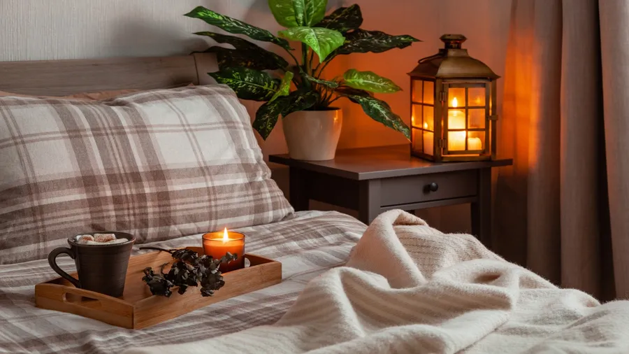 A wooden tray with candle and a mug on a cozy bed.