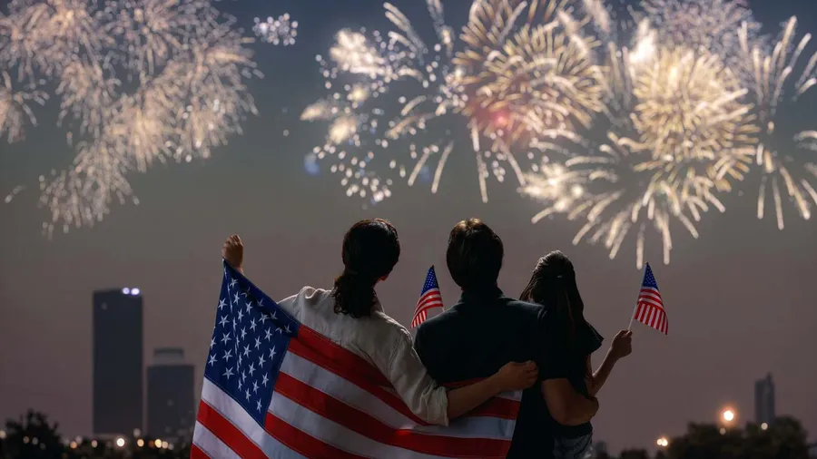 A family holding flags watching fireworks on memorial day.