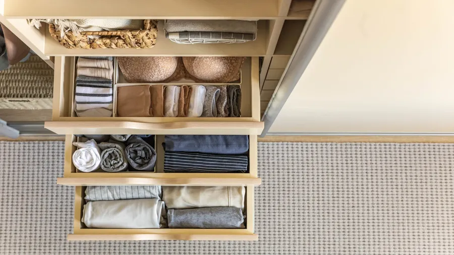 Top-down view of neatly organized drawers with folded clothes in neutral tones.