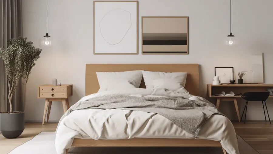 Minimalist design bedroom with light wood furniture, soft bedding, and greenery.