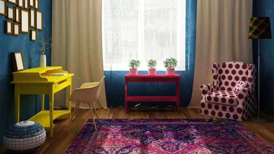 sitting room and cabinet in bright colors vintage furniture and