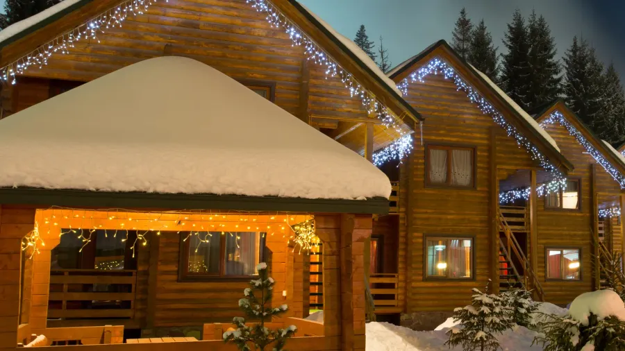 ski chalets at night