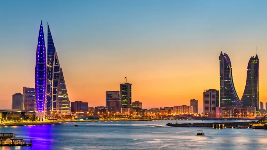 skyline of manama at sunset the kingdom of bahrain