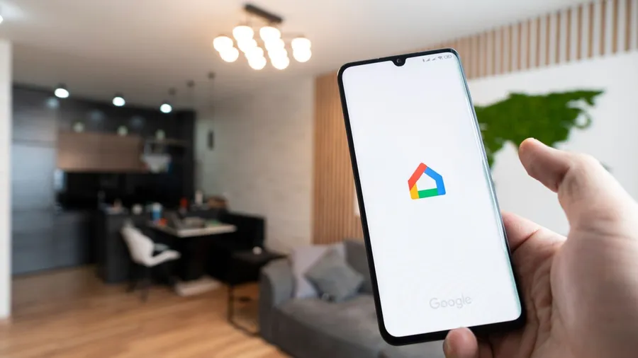 A person using Google Home on his phone to control lighting and sound.