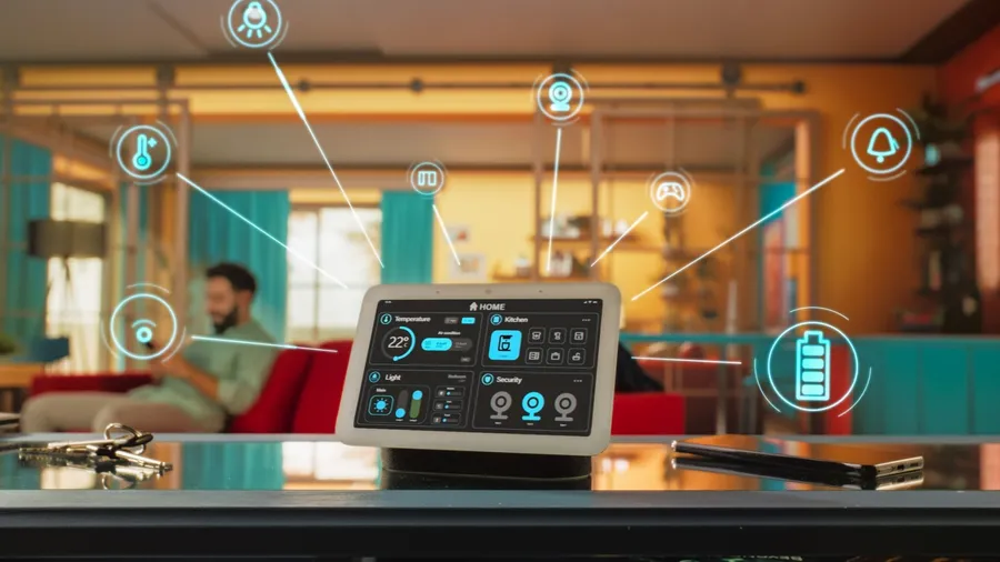 A smart home device is placed on a table with a man in the background controlling the apps through his smartphone. Smart home concept.