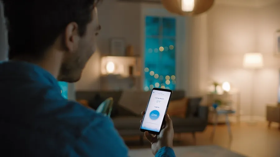 A man controlling the light bulb from his smartphone.