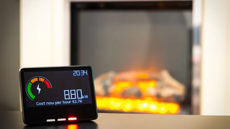 A home energy monitor displaying power consumption and energy cost.