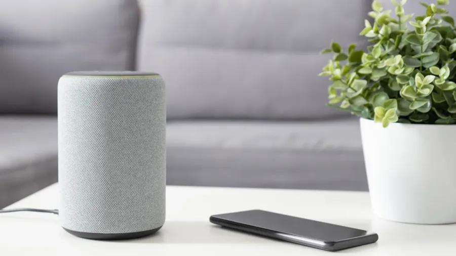 A smart speaker, phone, and small potted plant placed on a white coffee table in a living room.