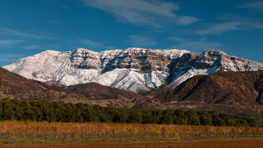 snow covered topa bluffs over ojai valley farms and vineyards