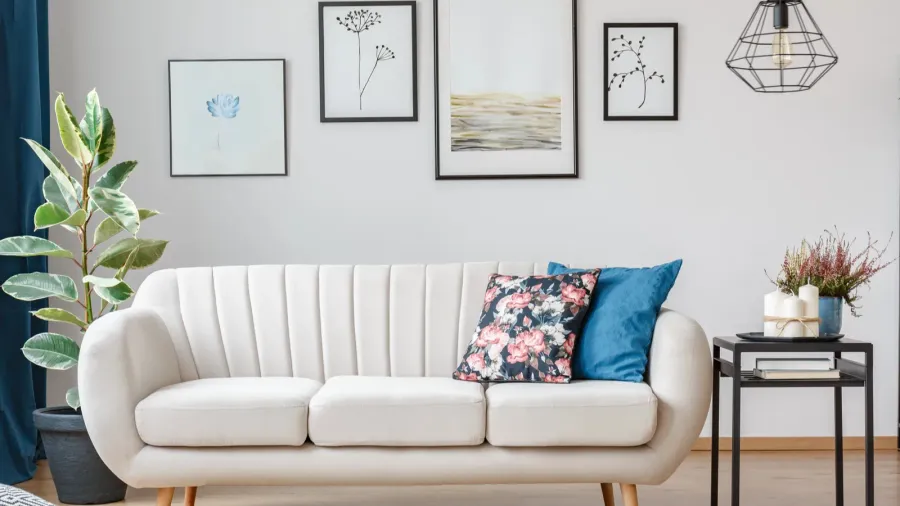 Two decorative throw pillows resting on a light-colored sofa, with one pillow featuring a dark background with pink floral patterns and the other a solid blue color.