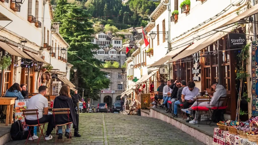 souvenir shops and restaurants in old town of gjirokaster in
