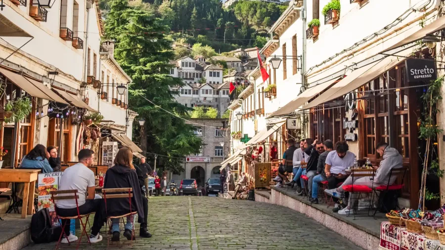 souvenir shops and restaurants in old town of gjirokaster in