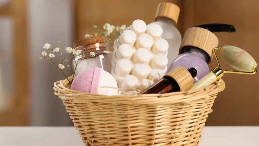 A wicker basket filled with skincare, beauty, or wellness products, including jars, bottles, a jade roller, and decorative flowers.