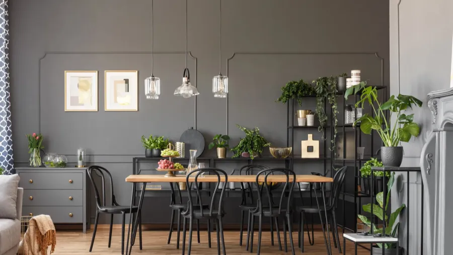 A beautiful dining room interior with wooden table, metal chairs, and small potted plants on shelves.