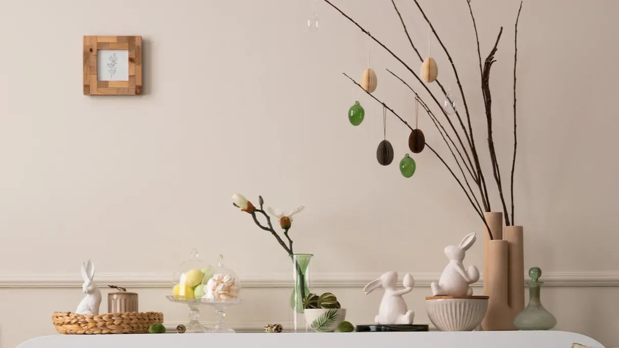 spring composition of easter living room interior with mock up