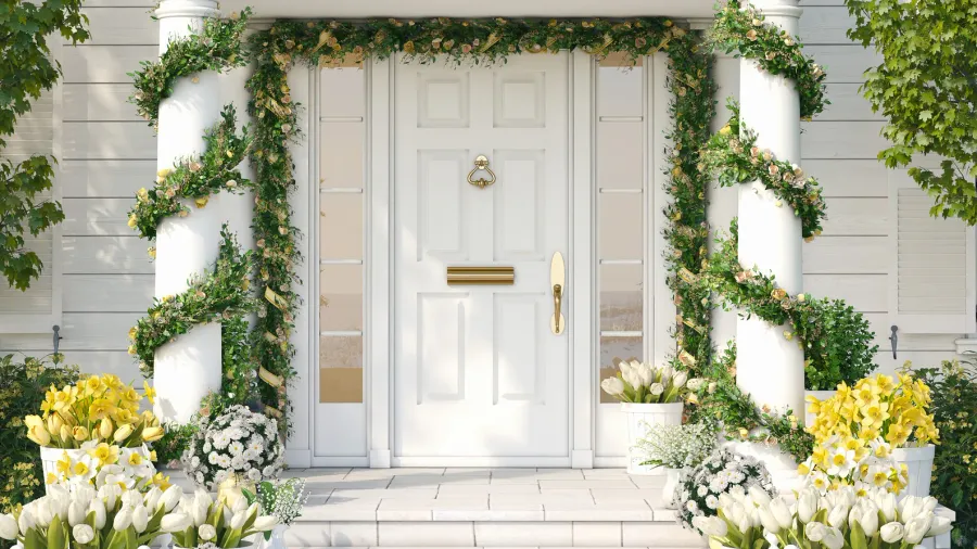 A front door decorated with flowers and greenery on either side.