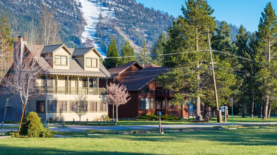 spring landscape of houses on the shore of lake tahoe
