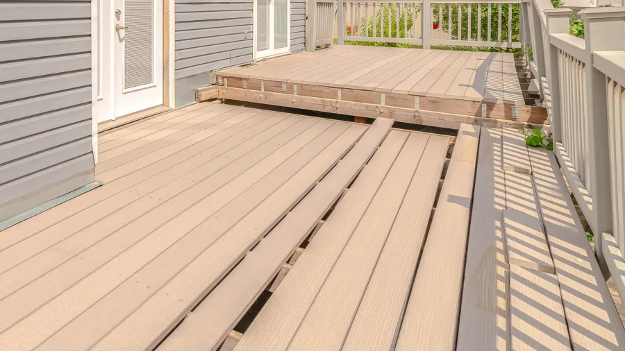 square frame outdoor deck construction on modern town house