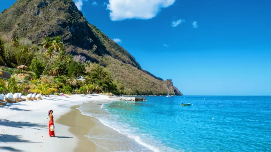Woman on vacation in St. Lucia, Caribbean, enjoying the tropical island scenery.”