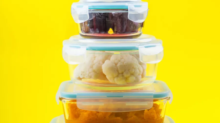 Airtight stackable storage containers against a yellow background.