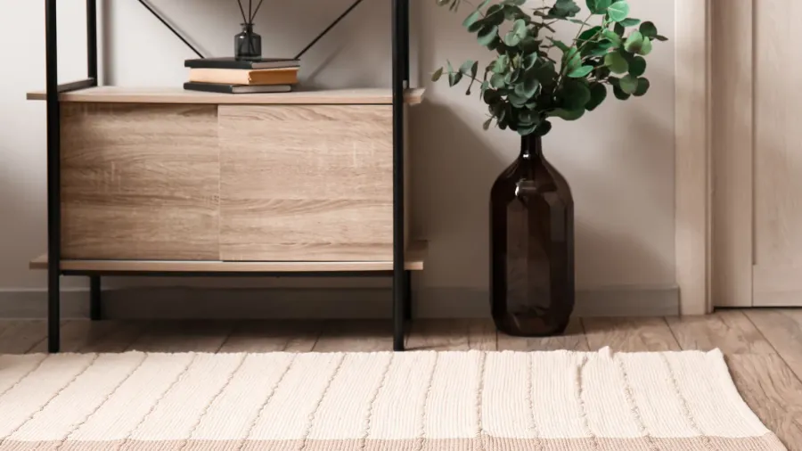 standing desk vase with eucalyptus branches and stylish carpet in